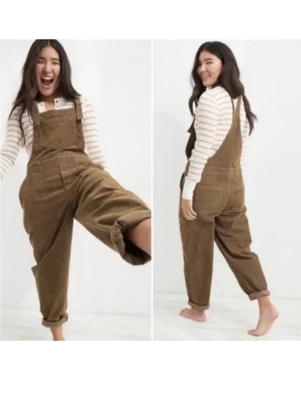 aerie Brown Corduroy Overalls with Relaxed Fit